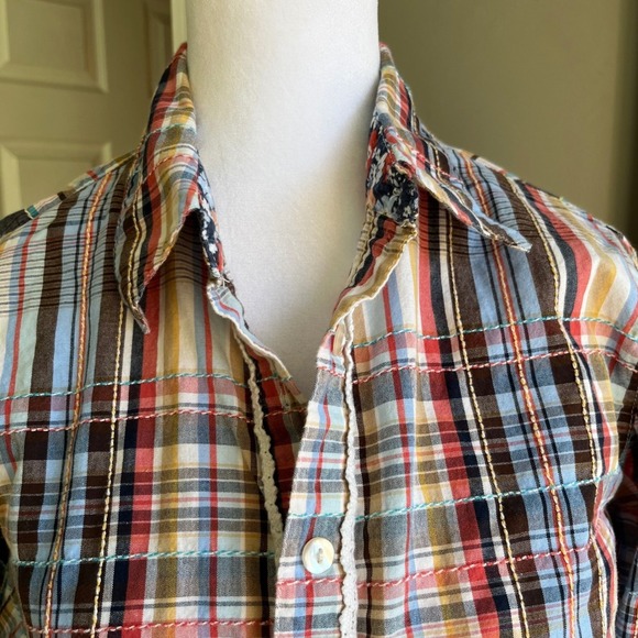 Alfred Dunner Colorful Plaid Button-Up Embroidered Trim Detail Floral Collar - Picture 2 of 8
